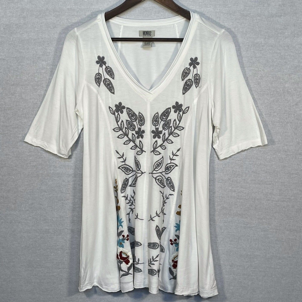 Monroe and Main Womens White Floral Embroidered V-Neck Viscose Tunic Top Size M